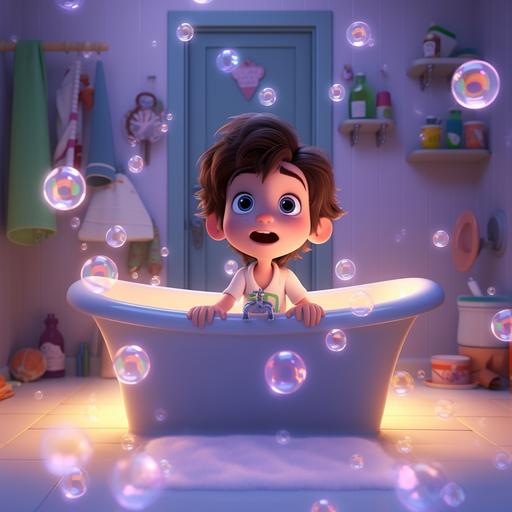 a small empty bathroom, white tile, lights inside, cealing lamp, small rectangular top window in the back, white tile walls, nightime outside, there is a with a white bathtub filled with water and bubbles coming out,water splashes, magical light inside the bathtub, front view of the bathtub, toys, cartoon, cute, full color, luca from disney movie graphic style,marvel, cute, no people inside, soap, childrens book illustration.