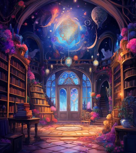 a small home with a library and bookshelves and armillary, in the style of sailor moon, #screenshotsaturday, whimsical drawings, fairycore, mystic mechanisms, nightcore, colorful cartoon --ar 8:9