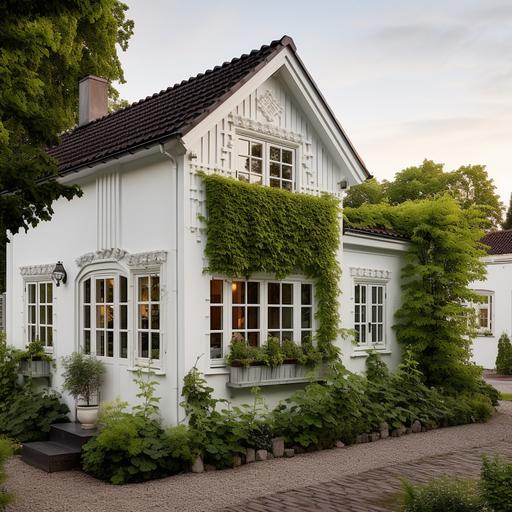 a small house, white exterior walls, green lattice windows, a Nordic style