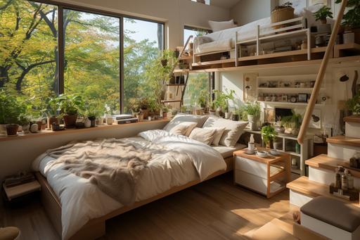 a small minimalist modern Japanese apartment in Tokyo, crammed full of functional furniture and kitchen appliances, maximal use of limited space, delicate warm lighting, small windows, Zen Buddhist poster on walls, many small potted plants --ar 3:2 --s 1000