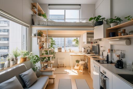a small minimalist modern Japanese apartment in Tokyo, crammed full of functional furniture and kitchen appliances, maximal use of limited space, delicate warm lighting, small windows, Zen Buddhist poster on walls, many small potted plants --ar 3:2 --style raw