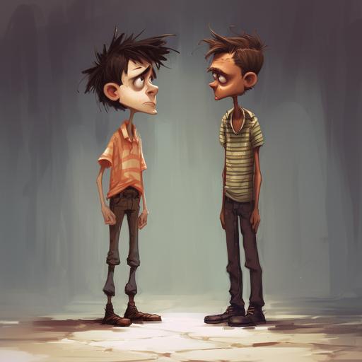 a small, pale, scrawny, emaciated, skinny kid being bullied by a massive, hip, ugly kid.