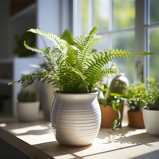 a small pot with fern in a cozy white kitchen --style raw --s 750