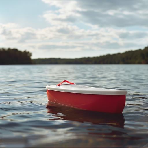 a small red cooler shaped like a kayak, with a white lid, floating in a lake --v 6.0