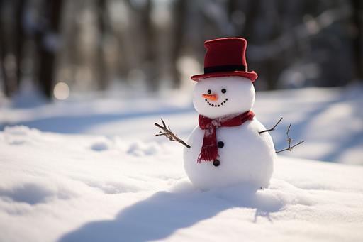a small snowman wearing a top hat and sitting on a snowbank, in the style of light red and silver, tabletop photography, creative commons attribution, clever juxtapositions, miniature sculptures, white and maroon, pentax 645n --ar 3:2
