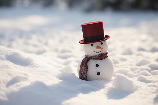 a small snowman wearing a top hat and sitting on a snowbank, in the style of light red and silver, tabletop photography, creative commons attribution, clever juxtapositions, miniature sculptures, white and maroon, pentax 645n --ar 3:2