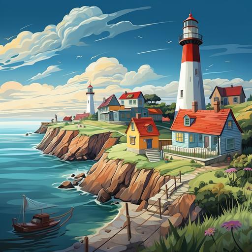 a small town, friendly looking people, a lighthouse, small houses, cartoon style, no shading
