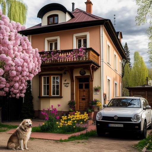 a small two-story beige house with a brown balcony and half-timbered cross railings, in the yard there is a small white Skoda Fabia car with a black roof, white, pink and red rose bushes, sakura tree and arborvitae trees. next to it is a large furry red-haired dog with a black muzzle, the Moscow watchdog breed. Slender woman near the car with long black hair in a dress and a wicker basket in her hands