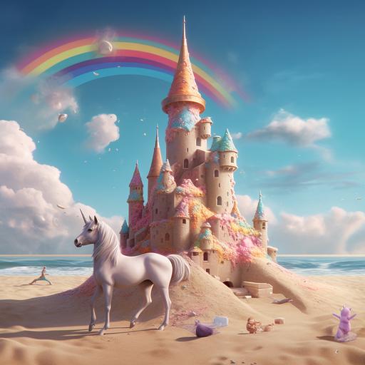 a small unicorn building a sandcastle of rainbows and lollipops and sand on the edge of the ocean