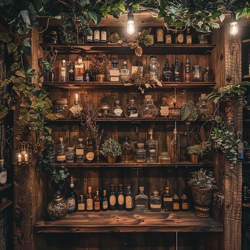 a small wooden shake with potion bottles and herbs linning the shelves from wall to ceiling in the forest