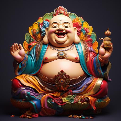 a smiling big colorful good luck buddah