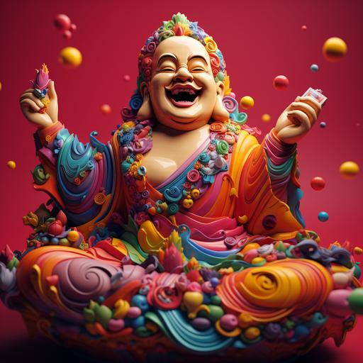 a smiling big colorful good luck buddah