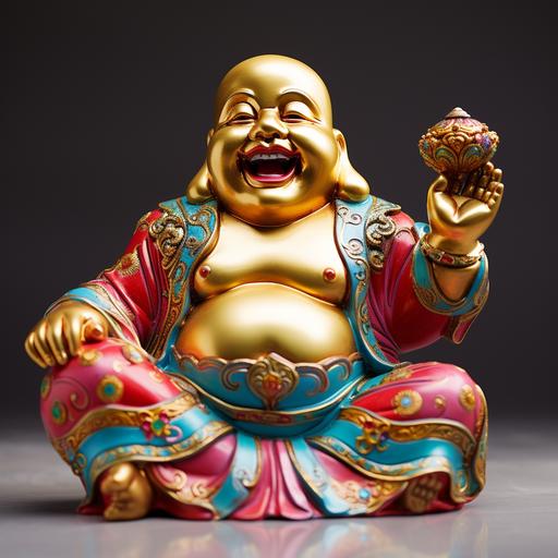 a smiling big colorful good luck buddah