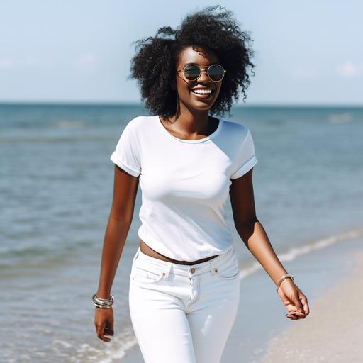 a smiling black woman wearing sunglasses walking along the beach with her feet in the sea water wearing a plain white t-shirt :lookbook photography :instragram photo :high definition