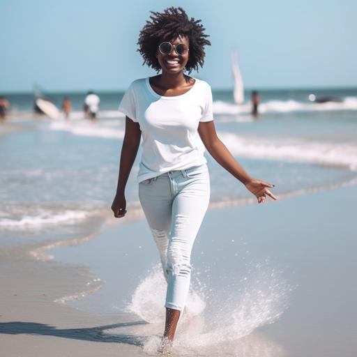 a smiling black woman wearing sunglasses walking along the beach with her feet in the sea water wearing a plain white t-shirt :lookbook photography :instragram photo :high definition