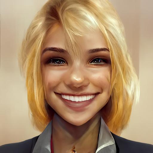 a smiling blond-haired young woman dressed for office,Ultra HD, Ultra realistic ,pov