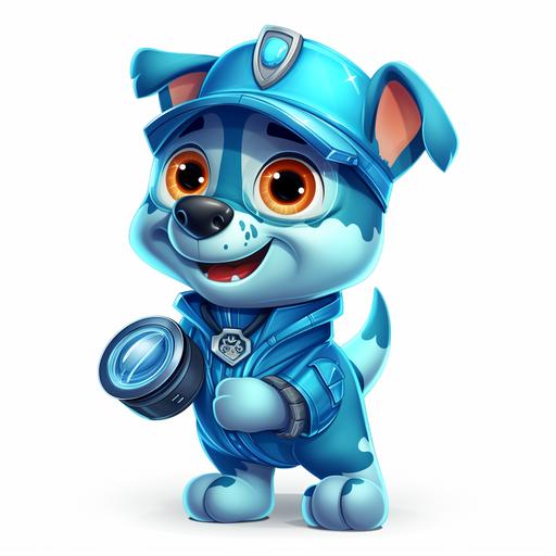a smiling blue detective dog robot with a magnifying glass in cartoon mode
