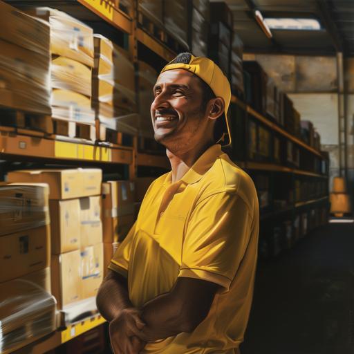 a smiling brazilian white men working at an warehouse using an yellow polo shirt, warm, realistic, looking away --v 6.0