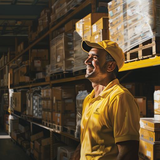 a smiling brazilian white men working at an warehouse using an yellow polo shirt, warm, realistic, looking away