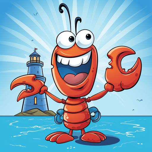 a smiling dancing cartoon blue lobster in a lighthouse, cartoon style