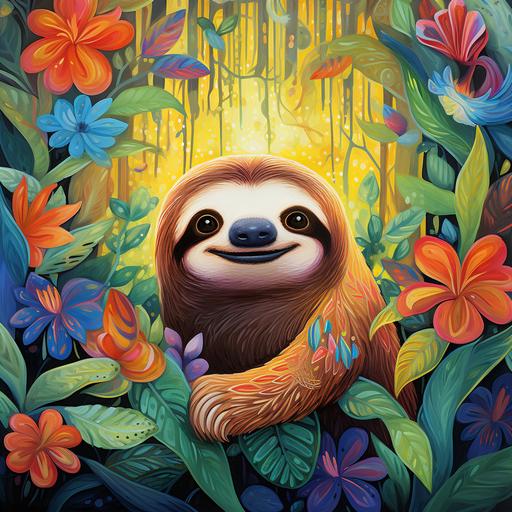 a smiling sloth in a colorful amazonian rainforest in the style of Amanda Clark