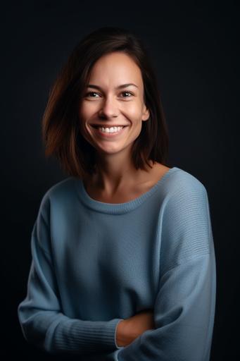 a smiling woman wearing a blue shirt and white sweater, in the style of softbox lighting, light blue and bronze, precisionist style, precise detailing, daguerreian, white background, wide angle, staining, functional aesthetics --ar 2:3 --v 5