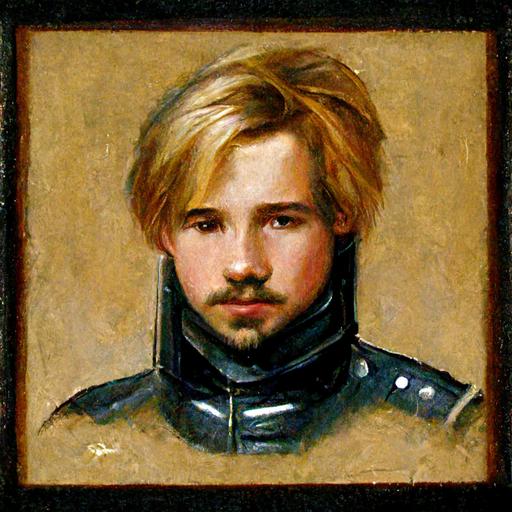 a smirking teenage boy with emo blonde hair and a well-groomed goatee wearing leather armour, oil painting