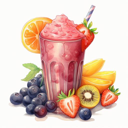 a smoothie in a glass cup, surrounded with oranges, bananas, grapes and strawberry, water color style with shade of color, extremely detailed please