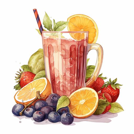 a smoothie in a glass cup, surrounded with oranges, bananas, grapes and strawberry, water color style with shade of color, extremely detailed please