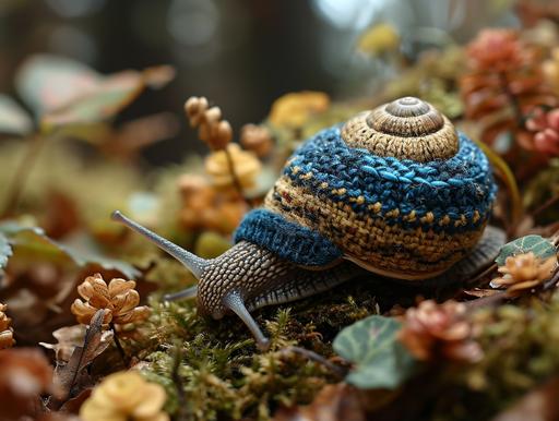 a snail wich is Freising,so an old granny knitted a ugly Sweater for the snail shell, close up picture snail --s 400 --c 5 --ar 4:3 --v 6.0