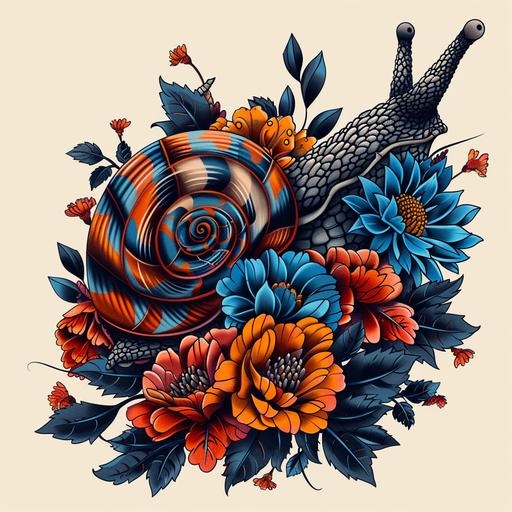 a snail with colorful flowers and leaves inked hand painted tattoo t shirts, in the style of fantastic grotesque, neotraditional, chiaroscuro woodcuts, colorful animations, orange and blue, shaped canvas, stylized animal motifs