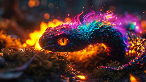 a snake bonfire monster with cute anime eyes and rainbow glow mohawk, curves --ar 16:9 --v 6.0
