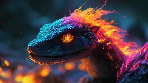a snake bonfire monster with cute anime eyes and rainbow glow mohawk, curves --ar 16:9 --v 6.0 --s 250