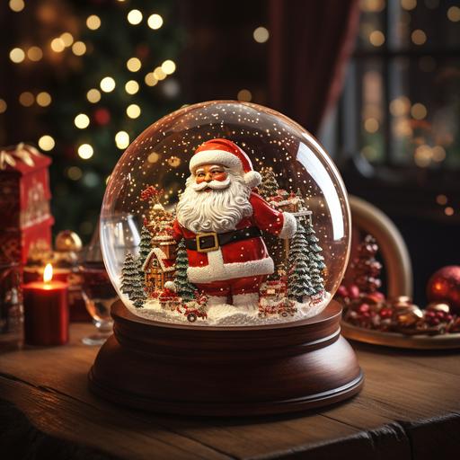 a snow globe sitting on a table , santa in the background, realistic --s 250