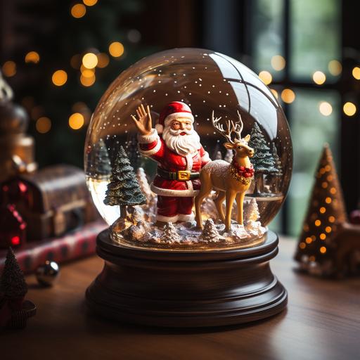 a snow globe sitting on a table , santa in the background, realistic --s 250