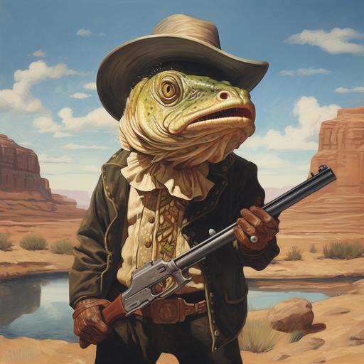 a social realism western painting with a cartoon bass fish dressed up as a western cowboy