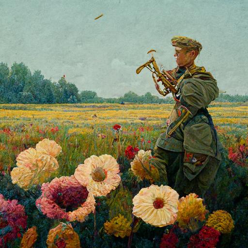 a soldier wearing a brown world war 2 uniform with short undercut blond hair blows a bugle horn in a field of flowers, detailed