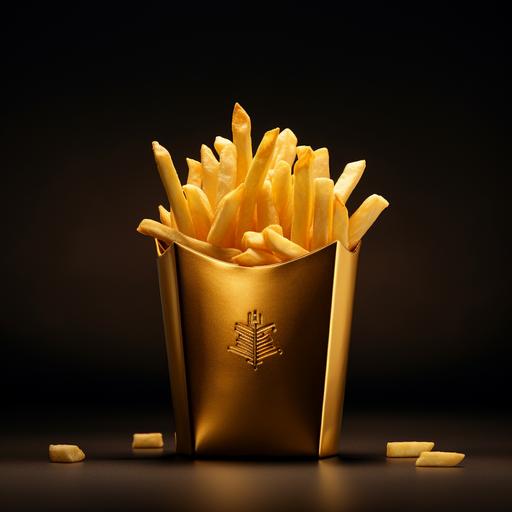 a solid fries box made of gold, dark background, premium