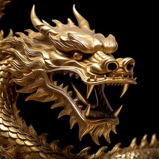 a solid golden dragon character on black background, Chinese Artifact, figura serpentinata, Spiraling upwards, Angry Dragon, Head in the style of , Dan Katcher, bared teeth, cinematic, Photograph displaying a polished 