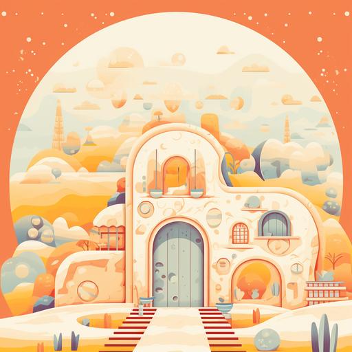 a soothing pastel quaint pattern of modernist fashion and cute country nature and technology homey picture of the future in an otherwordly gate to a cute home on another planet. The pattern art represents future kitch mixed with authentic peasant art in exquisite warm homey colors and patterns.