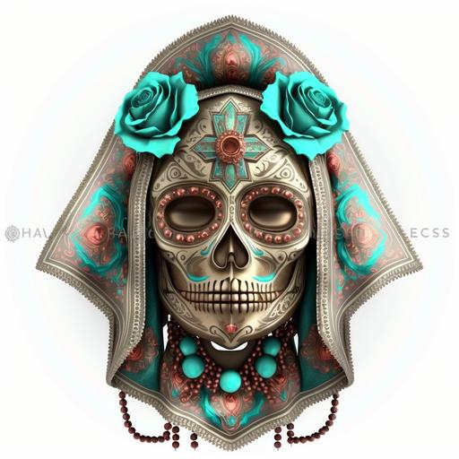 a south american santa muerte mask with jewelries during the day of the dead isolated on white background, 3d render