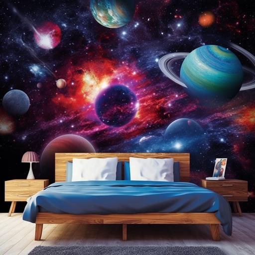 a space wall paper design for a boy room with a bed twin size in front of it. Include: - Realistic design - Sense of awe and limitless space - Appealing and attractive- Vibrant colors - Realistic space scene - Simple and open design- Colorful and intriguing - Unique and enticing - Grand, multi-planetary dimension. Don't use: - Too many planets - Doesn't have fine details - Feels like a scene from a war movie, - Lacking attractiveness compared to others - Basic and boring design with cartoonish planets - Not as realistic as other options, - Scary dreary figure on wallpaper - Busy pattern that can be distracting - Lacks fine details