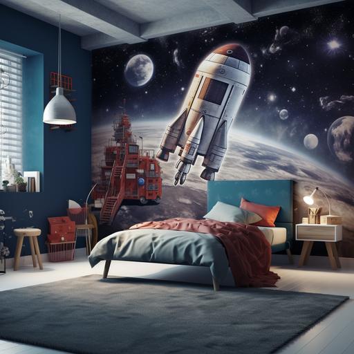 a space wallpaper for a boy room and the bed twin size in from of it