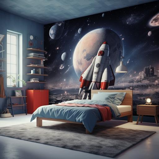 a space wallpaper for a boy room and the bed twin size in from of it