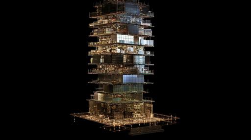 a sparse, scaffolded tower made of computer chips --ar 16:9