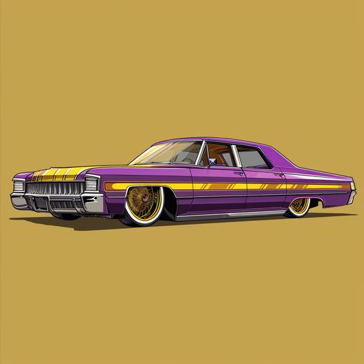 a speeding 4 door buick electra 225 purple and gold , with graphics duece and a quarter ,rubber hose animation, vector sticker,disney cartoon cel