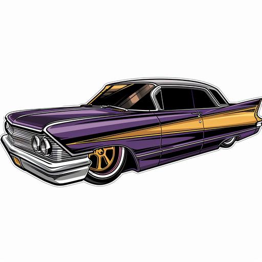 a speeding buick electra 225 purple and gold , with duece and a quarter graphics,rubber hose animation, vector sticker,disney cartoon cel
