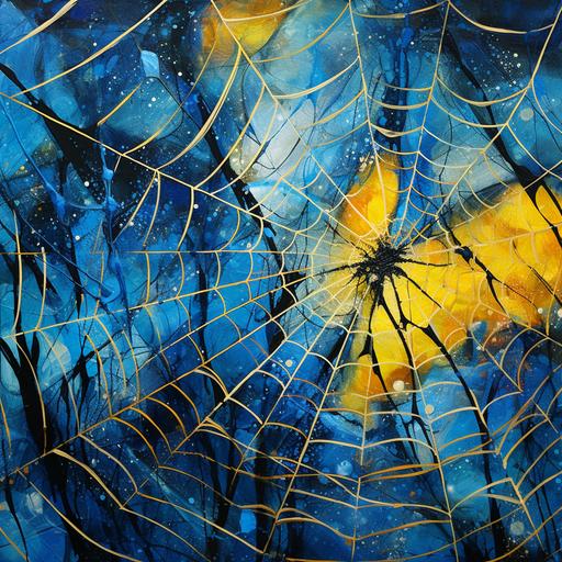 a spider web painted in blue and yellow