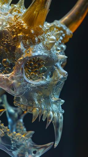 a spiked horned hannya skull glass, closeup, photonegative refractograph, horror --ar 9:16 --v 6.0