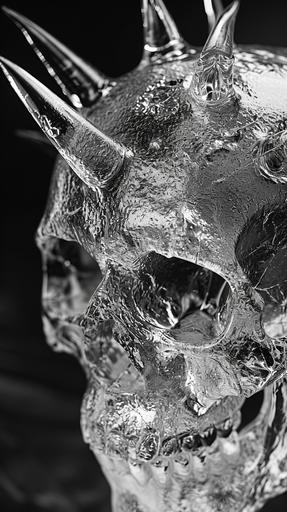 a spiked horned skull glass, closeup, photonegative refractograph, horror --ar 9:16 --v 6.0